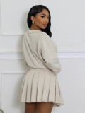 Solid Color Long Sleeve Pleated Skirt 2 Piece Set SFY-2797
