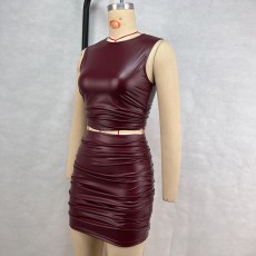 PU Leather Sleeveless Pleated Two Piece Skirts Set GPBY-17153