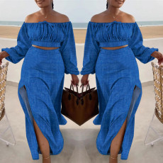 Solid Color Off Shoulder Split Long Skirt 2 Piece Set SFY-9067