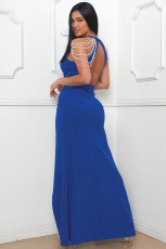 Plus Size Halterneck Pearl Chain Backless Split Maxi Dress NY-3360
