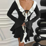 Ruffle Tip Neck Drawstring Flared Sleeve Dress GPBY-17178