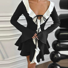 Ruffle Tip Neck Drawstring Flared Sleeve Dress GPBY-17178