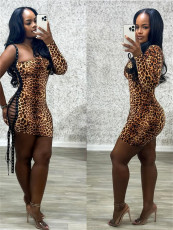Leopard Print Single Shoulder Bandage Dress GFCF-1330