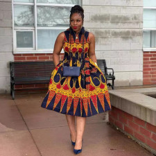Plus Size Print Sleeveless Lapel Midi Dress NY-10730