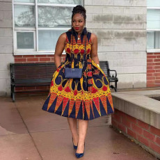 Plus Size Print Sleeveless Lapel Midi Dress NY-10730