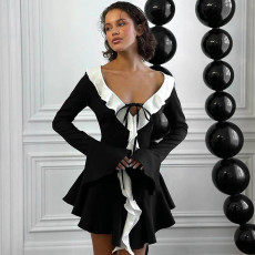 Ruffle Tip Neck Drawstring Flared Sleeve Dress GPBY-17178