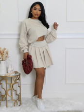 Solid Color Long Sleeve Pleated Skirt 2 Piece Set SFY-2797