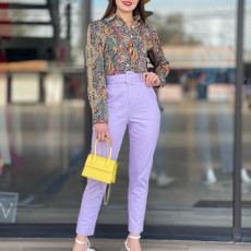 Plus Size Long Sleeve Print Shirt Two Piece Pants Set GMLF-3321