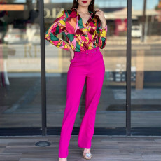 Plus Size Long Sleeve Print Shirt Two Piece Pants Set GMLF-3321