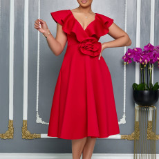 Plus Size V Neck Ruffles Big Swing Midi Dress GATE-565