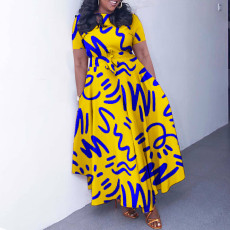 Plus Size Print Tie Up Short Sleeve Maxi Dress GMLF-3323
