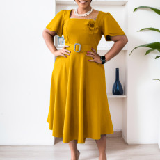 Plus Size Square Neck Solid Corsage High Waist Midi Dress GATE-568