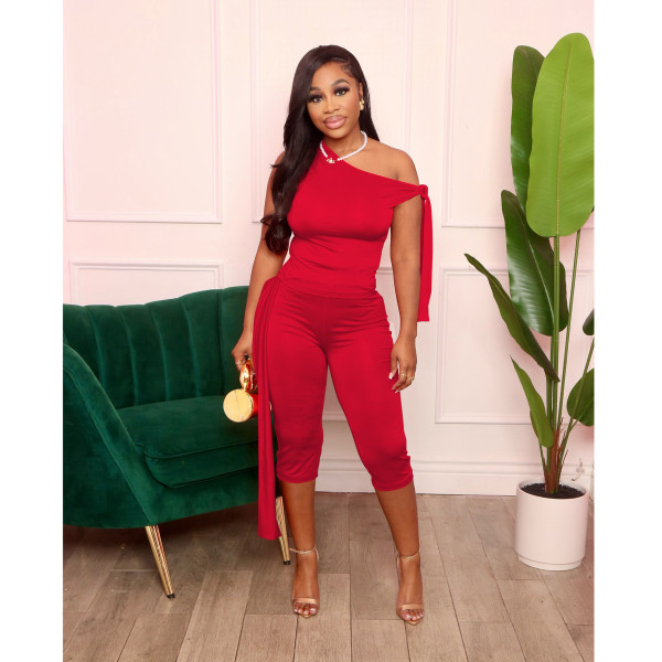 Slash Shoulder Tie Up Solid Two Piece Suit FOSF-8802