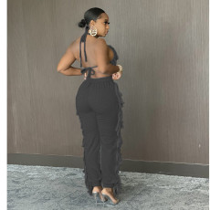 Solid Color Sexy Tassel Backless Pants Suit GCNF-0134