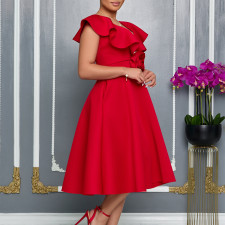 Plus Size V Neck Ruffles Big Swing Midi Dress GATE-565