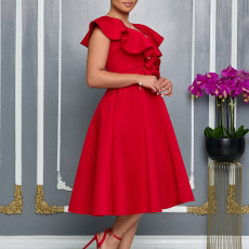 Plus Size V Neck Ruffles Big Swing Midi Dress GATE-565