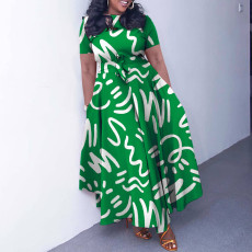 Plus Size Print Tie Up Short Sleeve Maxi Dress GMLF-3323