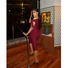 Slash Shoulder Tie Up Solid Two Piece Suit FOSF-8802