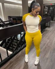 Casual Color Block Yoga Spor Short Sleeve Pants Suit MEM-88628