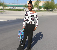 Print Off Shoulder Long Sleeve Top Pants Suit FSXF-753