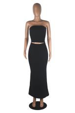 Solid Color Wrap Chest Long Skirt 2 Piece Set MZ-2890