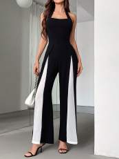 Black White Color Block Halterneck Jumpsuit GWDS-241212