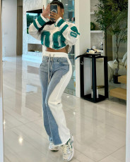 Denim Print Contrast Color Casual Pants QXLB-10117