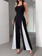 Black White Color Block Halterneck Jumpsuit GWDS-241212