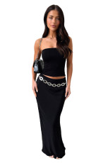Solid Color Wrap Chest Long Skirt 2 Piece Set MZ-2890