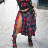 Contrast Color Plaid Print Split Skirt GFRT-7993SG