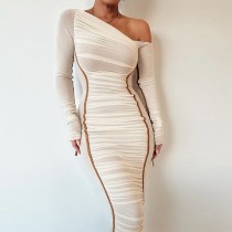 Mesh Patchwork Slash Shoulder Midi Dress GADE-8070