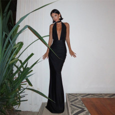 Deep V Neck Backless Halter Maxi Dress GZJQ-K24D49108