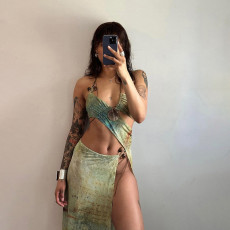 Tie Up Print Sexy Split Maxi Dress GZJQ-K24D46937