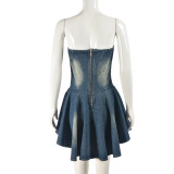 Zipper Wrap Chest Denim Ruffles Dress GNZD-51034DHD