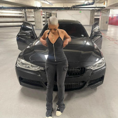 Sexy Backless Zipper Halterneck Denim Jumpsuit GFRT-6464JL