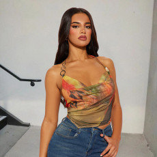 Mesh Print Irregular Halterneck Tops GFRT-41421THG