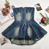 Zipper Wrap Chest Denim Ruffles Dress GNZD-51034DHD