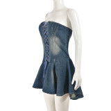 Zipper Wrap Chest Denim Ruffles Dress GNZD-51034DHD