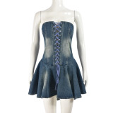 Zipper Wrap Chest Denim Ruffles Dress GNZD-51034DHD