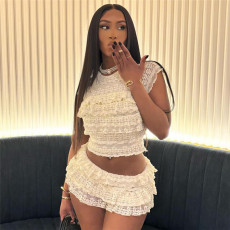 Lace Pleated Slim Two Piece Pants Set GZJQ-K24S55305