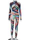 Mesh Print Long Sleeve Slim Jumpsuit MXBF-K24JP402