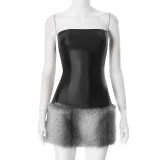 Leather Tube Tops Plush Patchwork Mini Dress MXBF-H24DS288