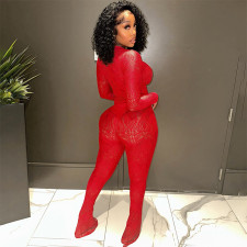 Lace Hollow Out See Through Bodysuit Pants Suit MXBF-K23ST370