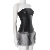 Leather Tube Tops Plush Patchwork Mini Dress MXBF-H24DS288