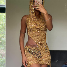 Sequins Hooded Sleeveless See-Through Skirts Set GZJQ-W23S32260