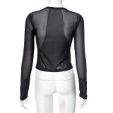 Fashion Print Backless Long Sleeve Crop Top MXBF-K24TP443