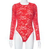 Lace Hollow Out See Through Bodysuit Pants Suit MXBF-K23ST370