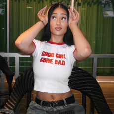 Letter Print Short Sleeve Crop Tops MXBF-K24TP321
