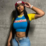 Letter Print Contrast Color Crop Tops MXBF-K24TP474