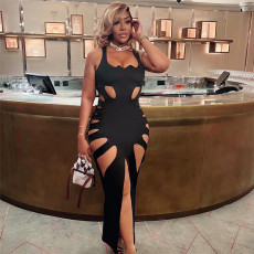 Sleeveless U Neck Holes Slim Midi Dress GZJQ-K23D26153